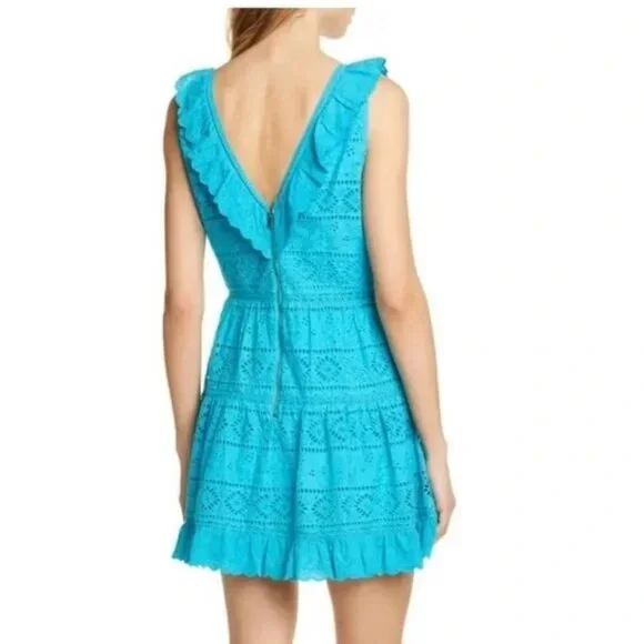 Alice + Olivia Ruffled Eyelet Mini Dress Sleeveless Size 10 in Marine Blue NWT